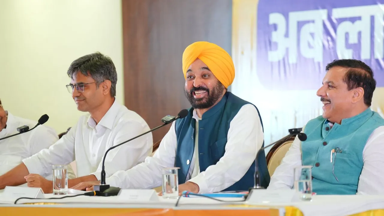 Punjab Chief Minister Bhagwant Mann along with AAP leaders Sanjay Singh and Sandeep Pathak addresses a press conference, in Chandigarh.