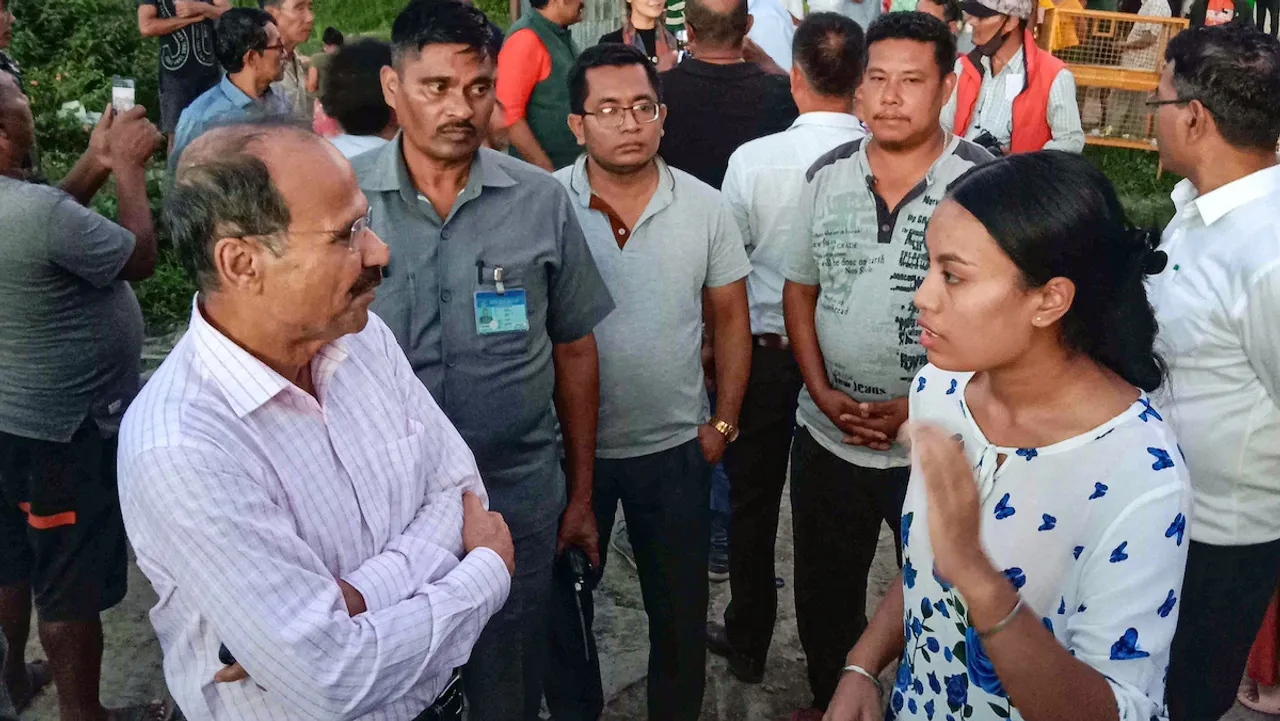 Congress MP Adhir Ranjan Chowdhury of the opposition bloc Indian National Developmental Inclusive Alliance (INDIA) interacts with people affected by the ethnic violence in Manipur, at a relief camp at Moirang, in Bishnupur district, Saturday, July 29