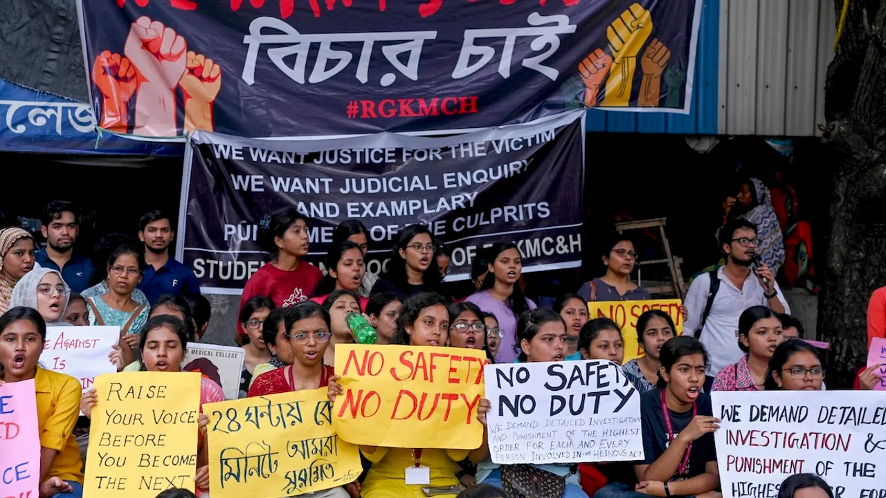 Doctors and nursing staff protest against the recent the rape and murder of a woman doctor inside the RG Kar Medical College and Hospital, in Kolkata