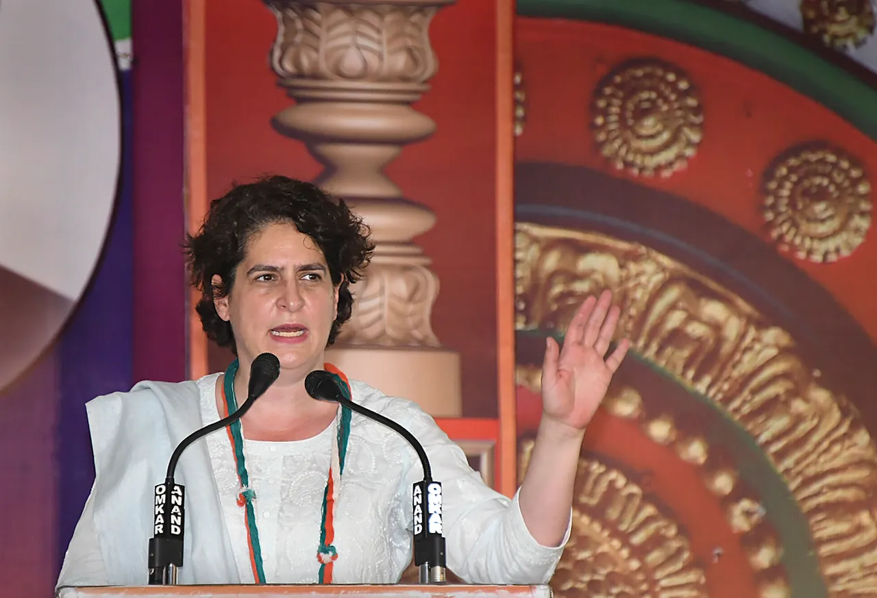 AICC General Secretary Priyanka Gandhi Vadra addresses during a public meeting ahead of the Karnataka Assembly elections, in Mysore district