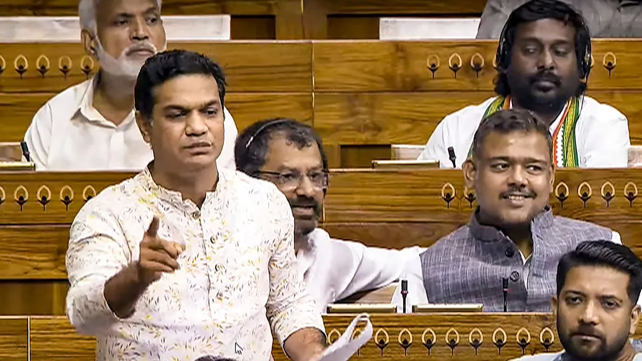 Congress MP Hibi Eden speaks in the Lok Sabha on the first day of Parliament session, in New Delhi, Monday, July 22, 2024.