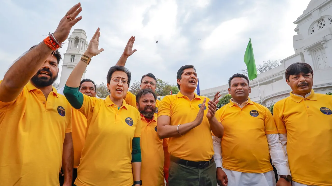 Delhi Ministers Atishi and Saurabh Bharadwaj with AAP MLAs protest at the Delhi Legislative Assembly against the arrest of Chief Minister Arvind Kejriwal