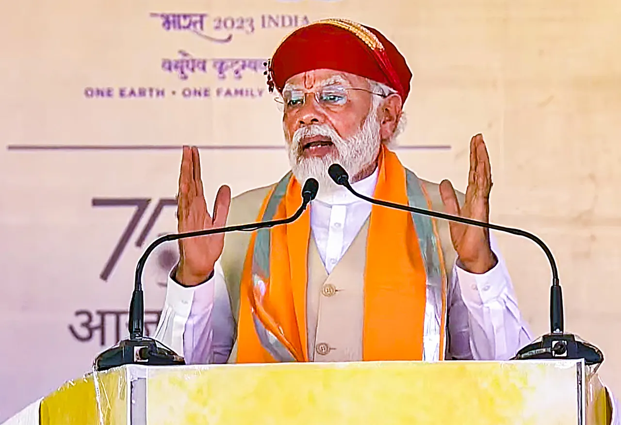 Prime Minister Narendra Modi addresses during a programme to lay foundation stone and dedicate various projects, in Nathdwara