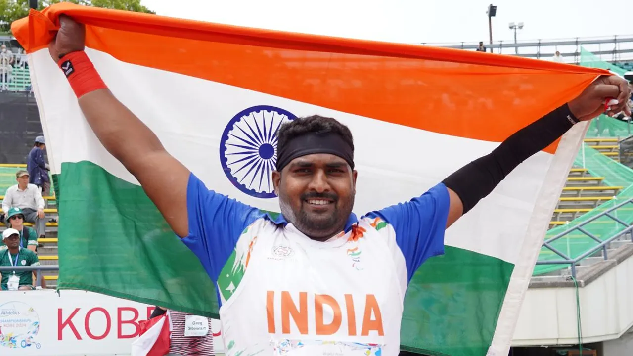 Gold medalist Sachin Sarjerao Khilari of India celebrates after competing in the Men’s Shot Put F46 final during day six of the World Para Athletics Championships Kobe at Kobe Universiade Memorial Stadium on May 22, 2024, in Kobe, Hyogo, Japan