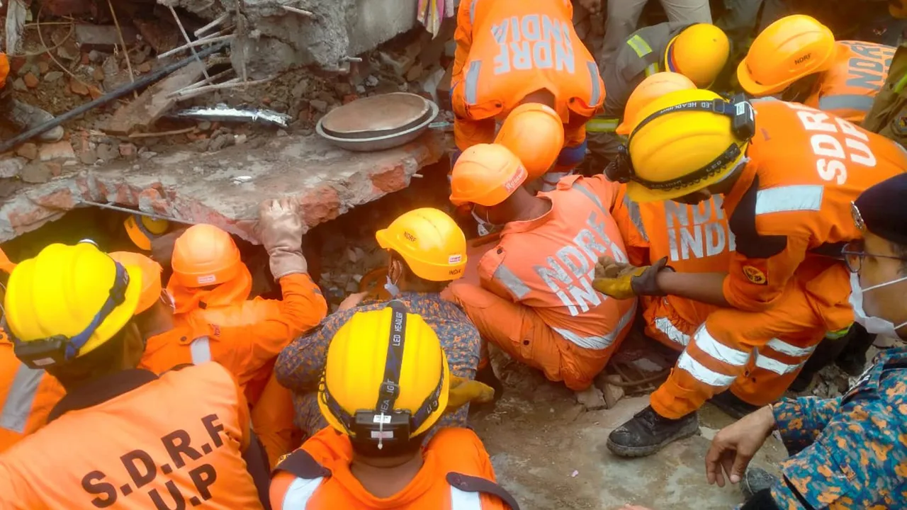 Rescue operation underway on the second day after a house collapsed, in Meerut.