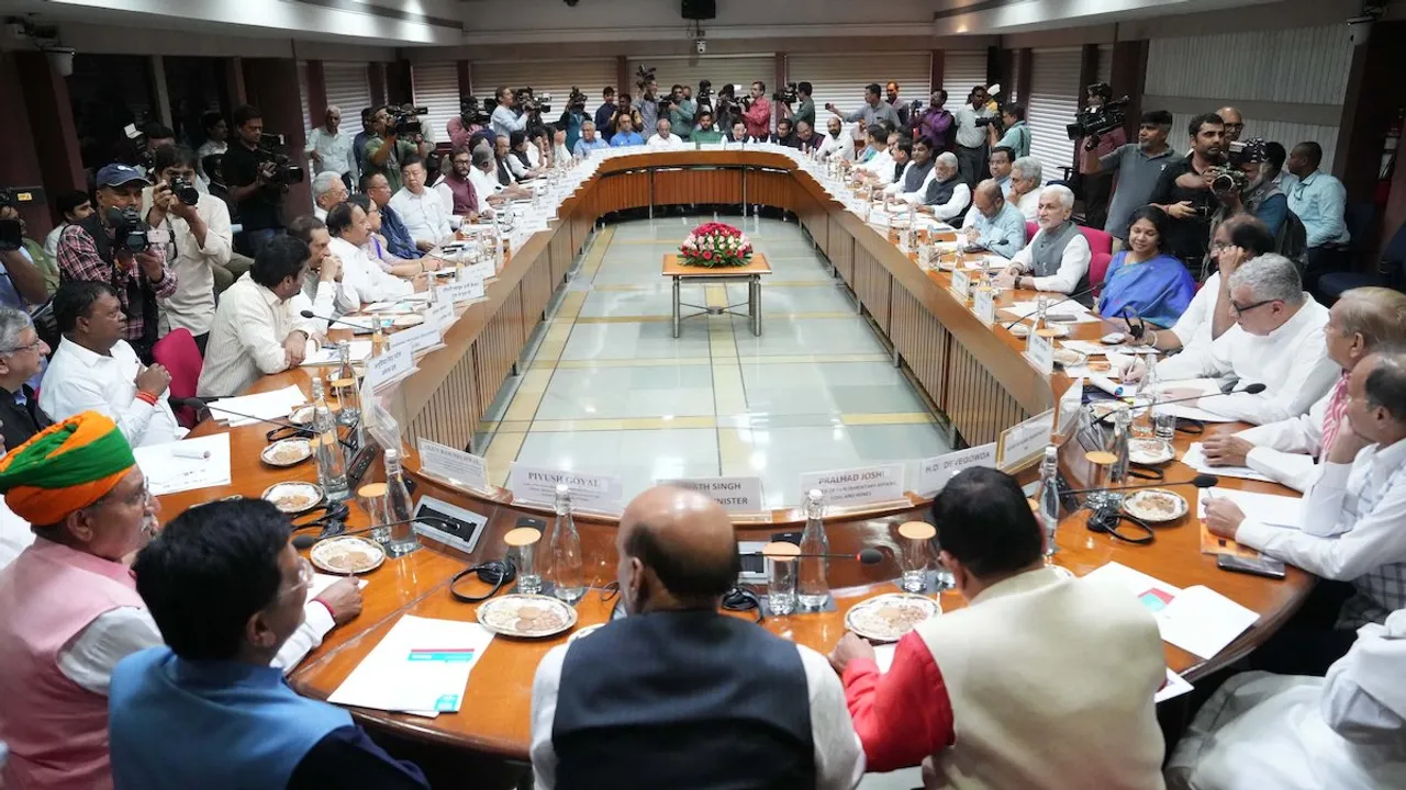 Union Ministers Rajnath Singh, Piyush Goyal, Congress leader Adhir Ranjan Chowdhury and other leaders at the all-party meeting ahead of the special session of Parliament, at Parliament Library building, in New Delhi, Sunday, Sept. 17, 2023.