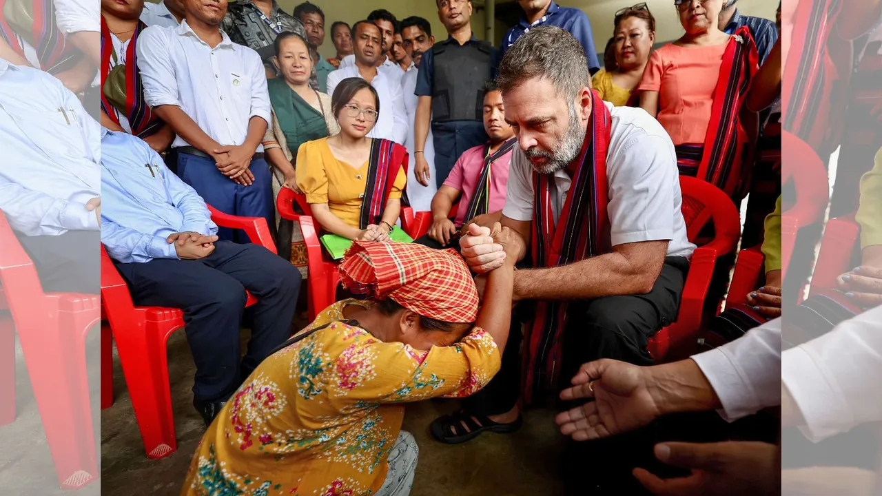 Congress MP Rahul Gandhi meets flood-hit people at Fulertal in Lakhimpur district of Assam.