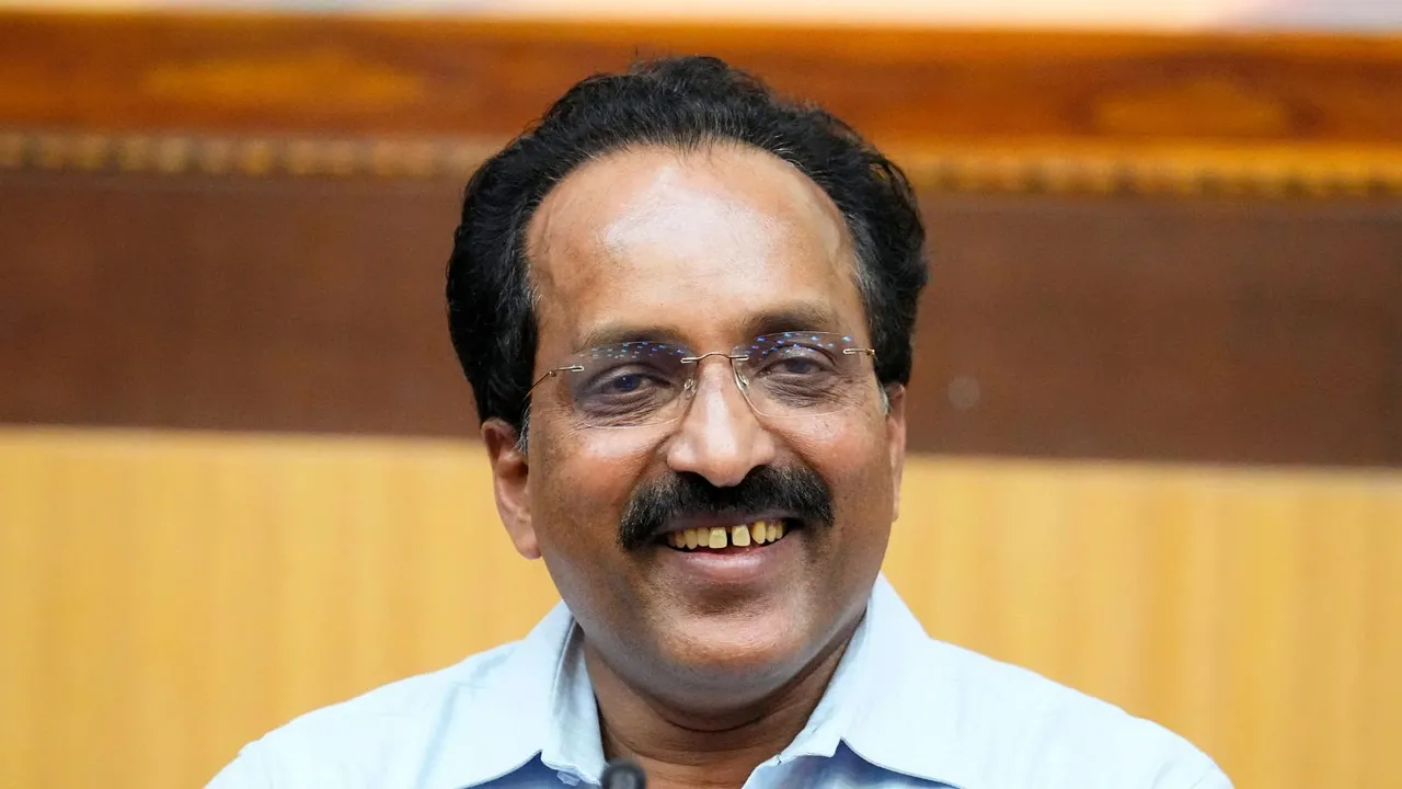 ISRO Chairman S Somanath addresses the media after the successful launch of EOS-08 Earth Observation Satellite, in Sriharikota, Friday, Aug. 16, 2024.