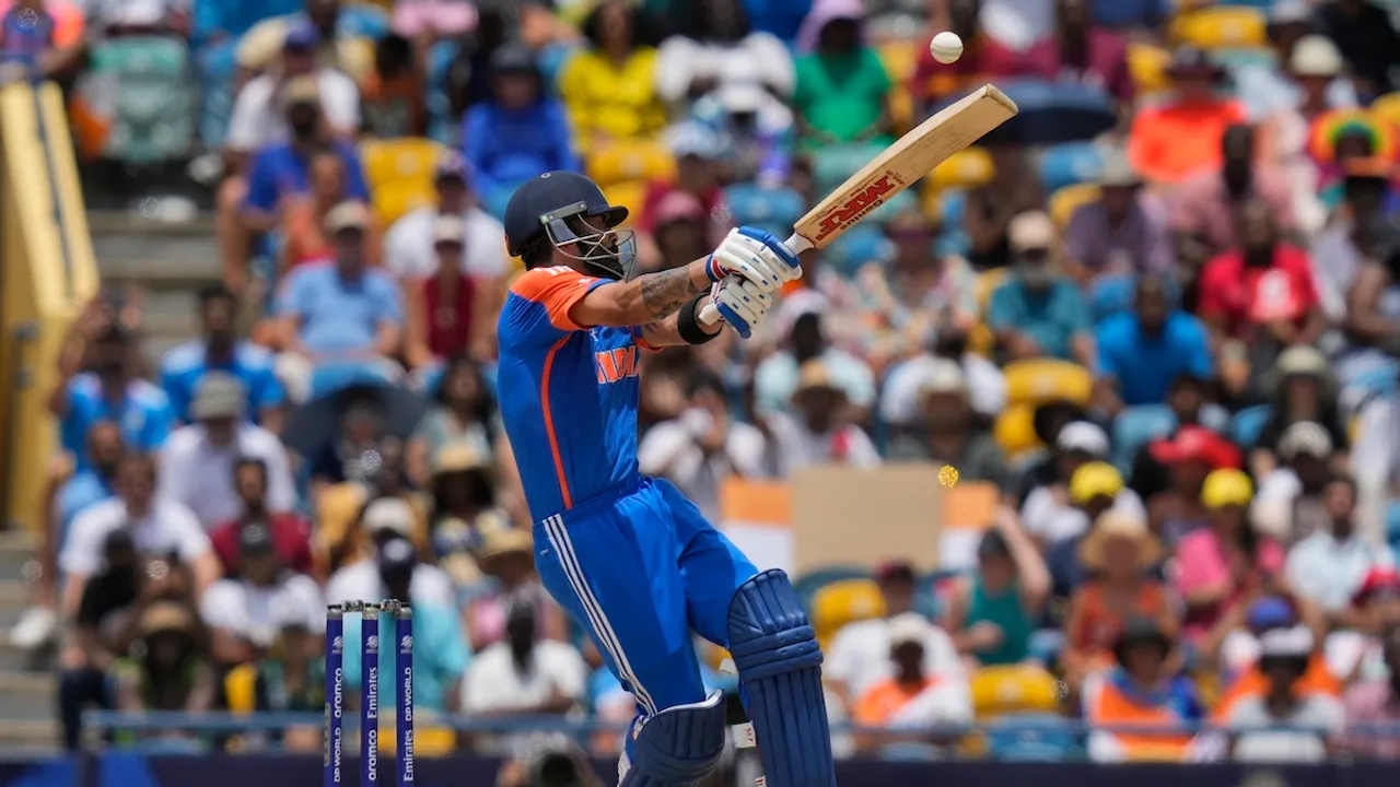 Virat Kohli bats during the ICC Men's T20 World Cup final cricket match between India and South Africa at Kensington Oval in Bridgetown, Barbados, Saturday, June 29, 2024.