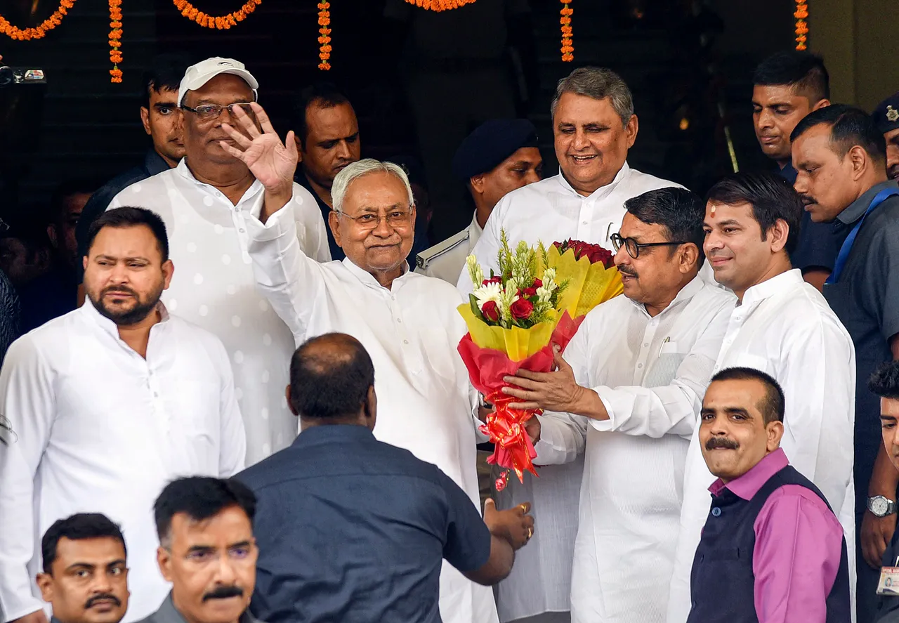 Bihar Chief Minister Nitish Kumar along with Deputy CM Tejashwi Yadav and Tej Pratap arrives on the first day of the Monsoon Session of Assembly, in Patna, Monday