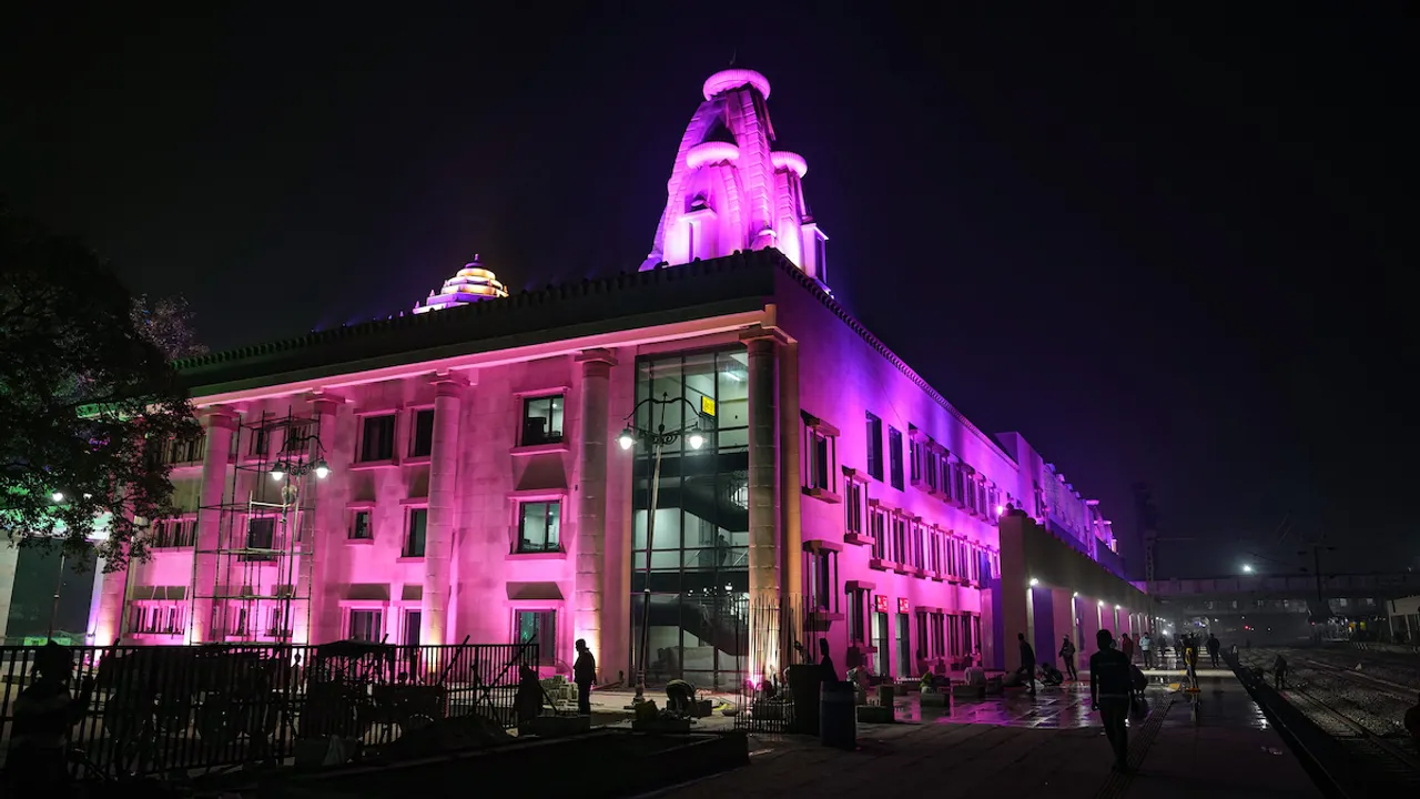Ayodhya railway station illuminated with colourful lights, in Ayodhya, Wednesday, Dec. 27, 2023. Prime Minister Narendra Modi is scheduled to inaugurate the redeveloped Ayodhya railway station on December 30.