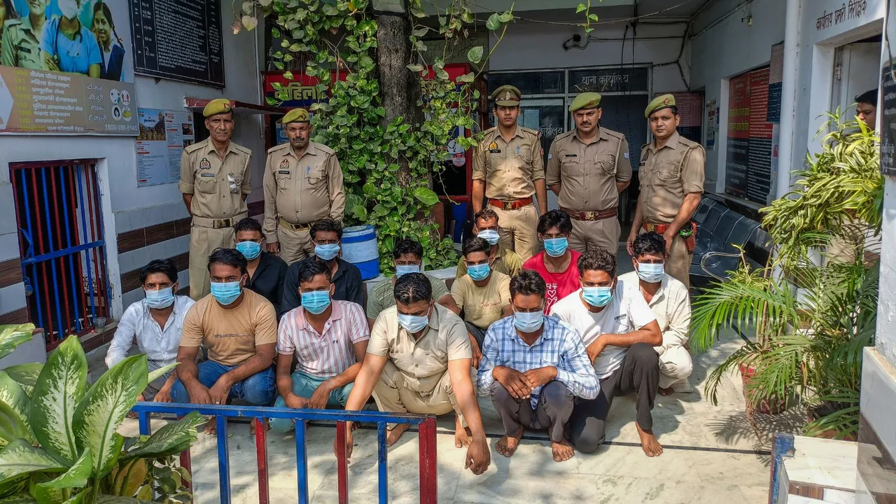 Police show 13 people arrested for being allegedly involved in pelting stones at the police during a protest seeking action against Mahant Yati Narsinghanand in Sheikhpura Qadeem, Monday, Oct. 7, 2024.