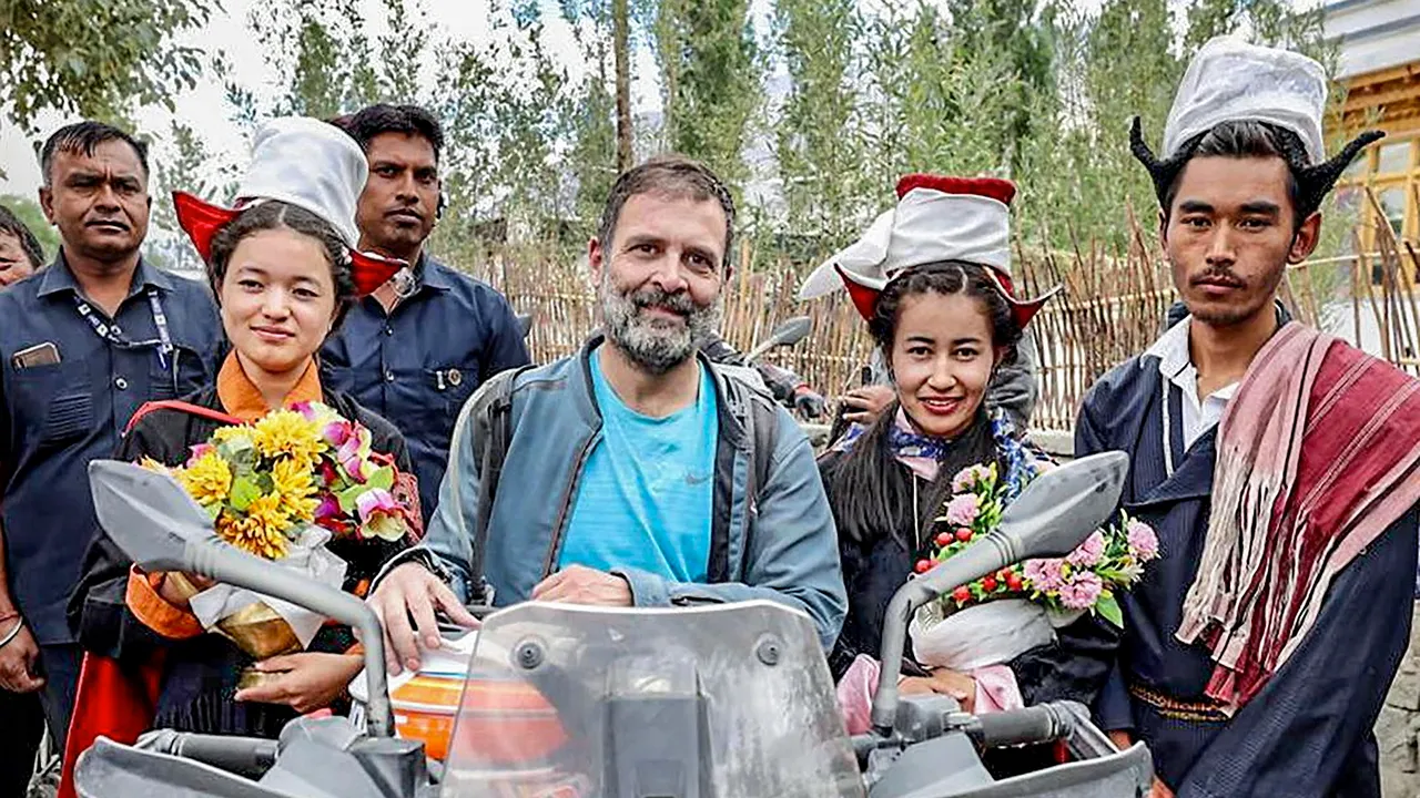 Congress leader Rahul Gandhi with a group of supporters in Leh, Ladakh