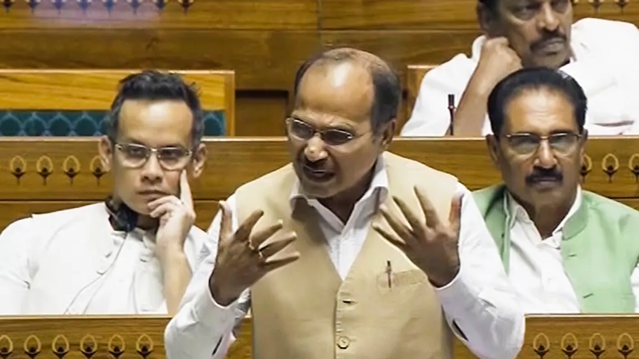 Congress MP Adhir Ranjan Chowdhury speaks in the Lok Sabha on the first day of the Winter session of Parliament, in New Delhi