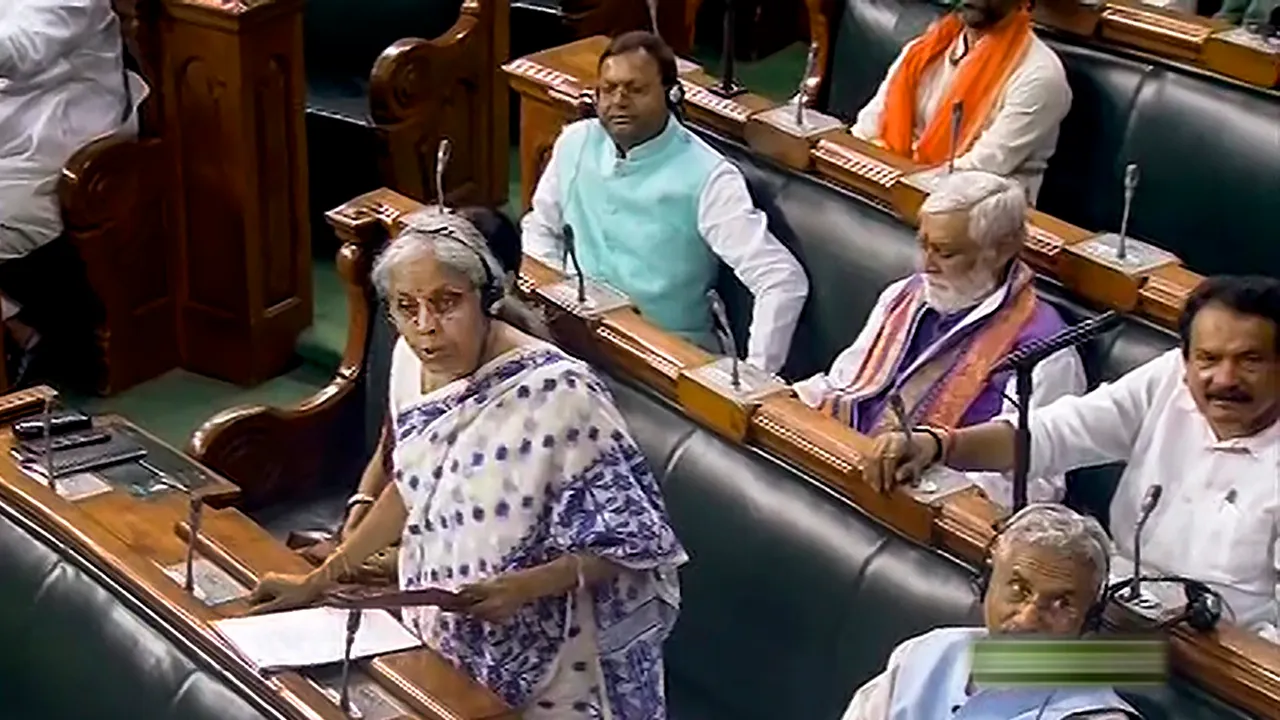Finance Minister Nirmala Sitharaman speaks in the Lok Sabha during the Monsoon session of Parliament, in New Delhi