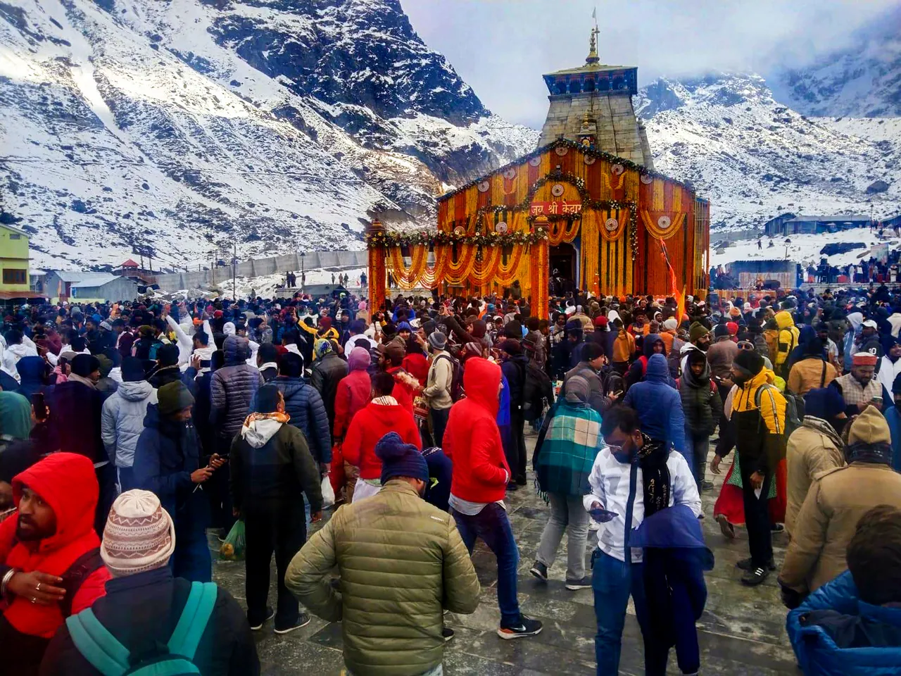 Devotees during the opening of the doors of the Kedarnath Temple, in Rudraprayag district