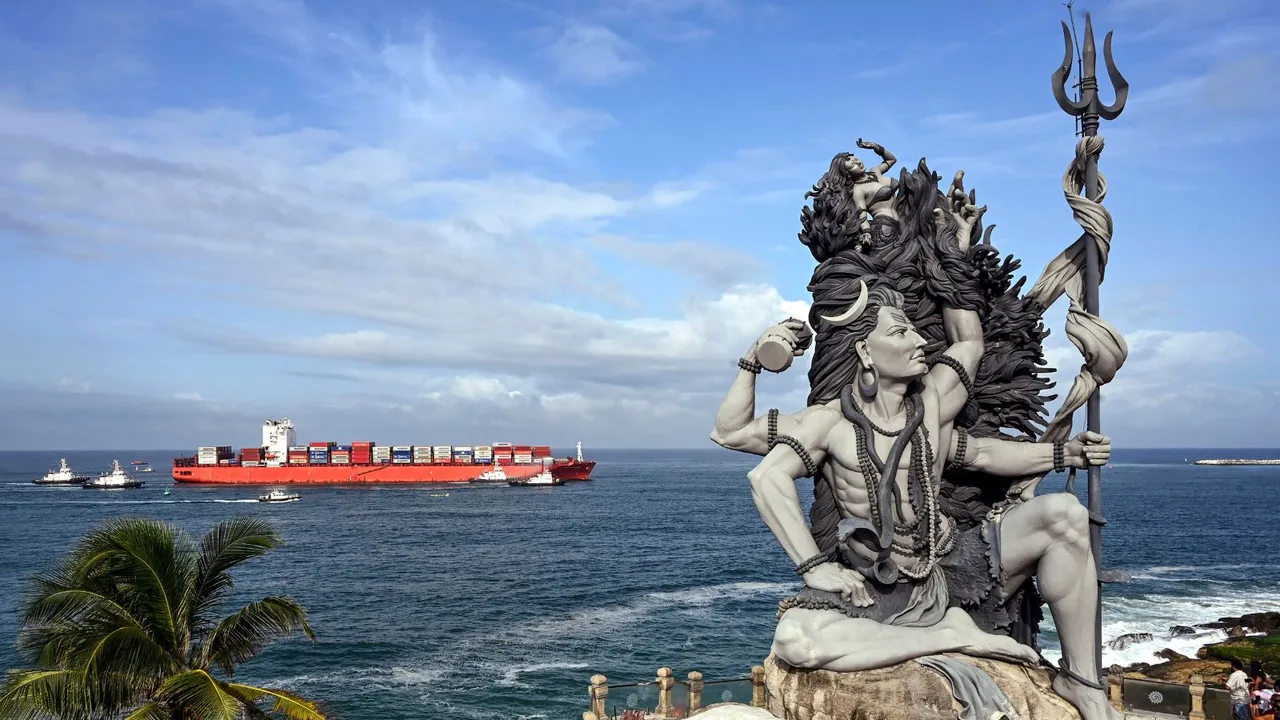 Container ship San Fernando reaches Vizhinjam International Seaport Limited (VISL) as seen from Aazhimala Shiva Temple, in Thiruvananthapuram