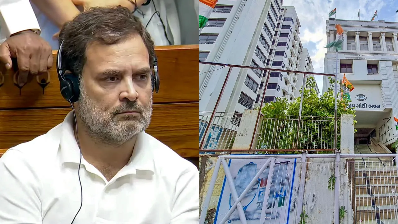 Congress party's symbol outside party office, after it was defaced allegedly by members of Bajrang Dal, in Ahmedabad, Tuesday, July 2, 2024.