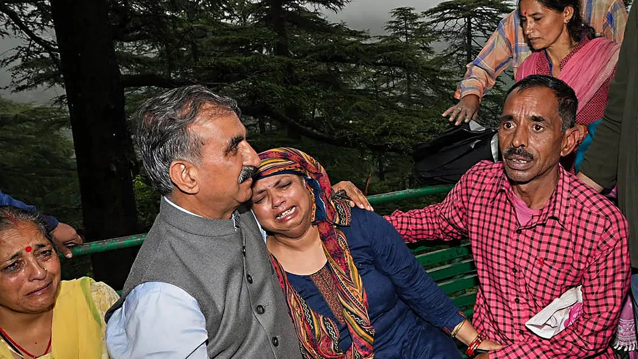 Himachal Pradesh Chief Minister Sukhvinder Singh Sukhu meets the people affected by cloudbursts, at Jadon village in Solan district