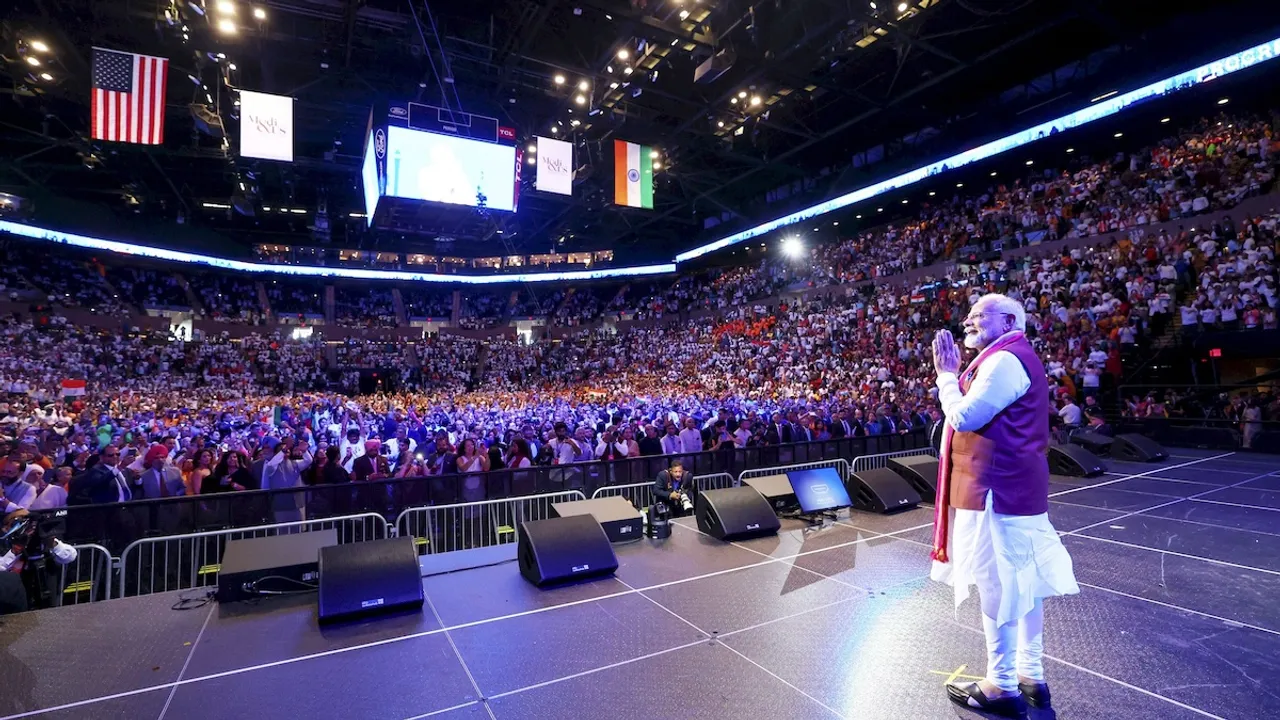 Prime Minister Narendra Modi addresses the Indian diaspora during a programme, in New York, USA, Sunday, Sept. 22, 2024.