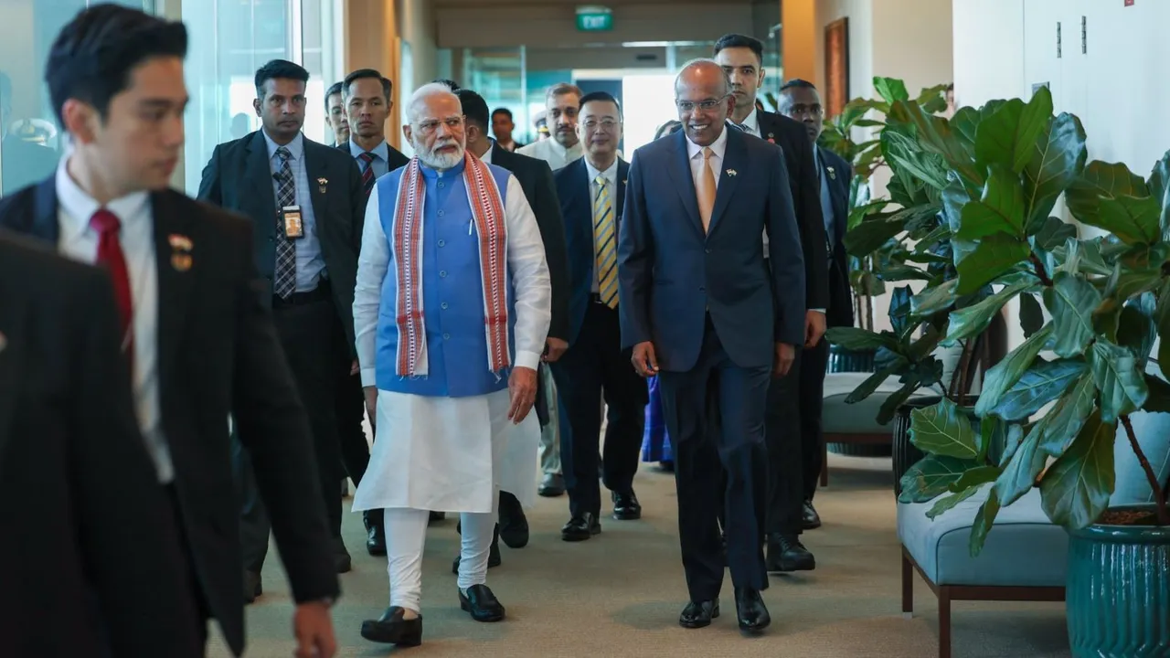 Prime Minister Narendra Modi received by Minister of Home Affairs and Law K Shanmugam of Singapore