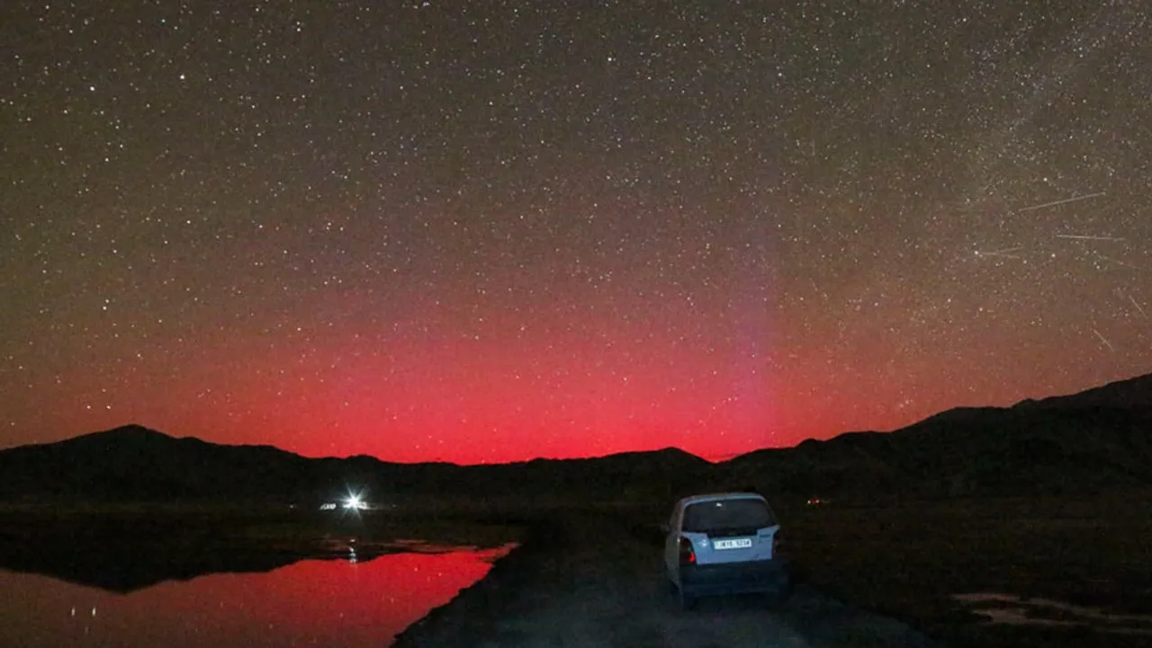 Stable Auroral Arc (SAR), a rare red-coloured aurora, observed at the Hanle Dark Sky Reserve, in Ladakh, Saturday, May 11, 2024