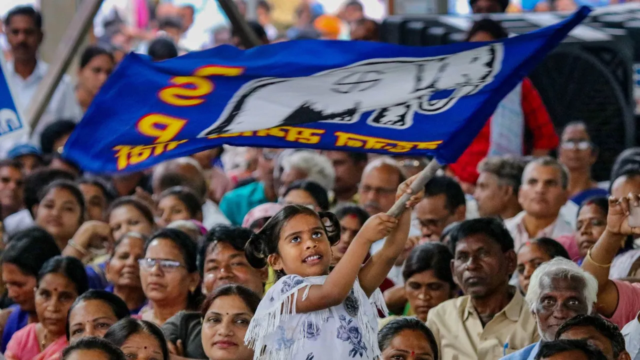 Supporters during a public rally of Bahujan Samaj Party (BSP) Supremo Mayawati ahead of Lok Sabha elections, in Nagpur, Thursday, April 11, 2024