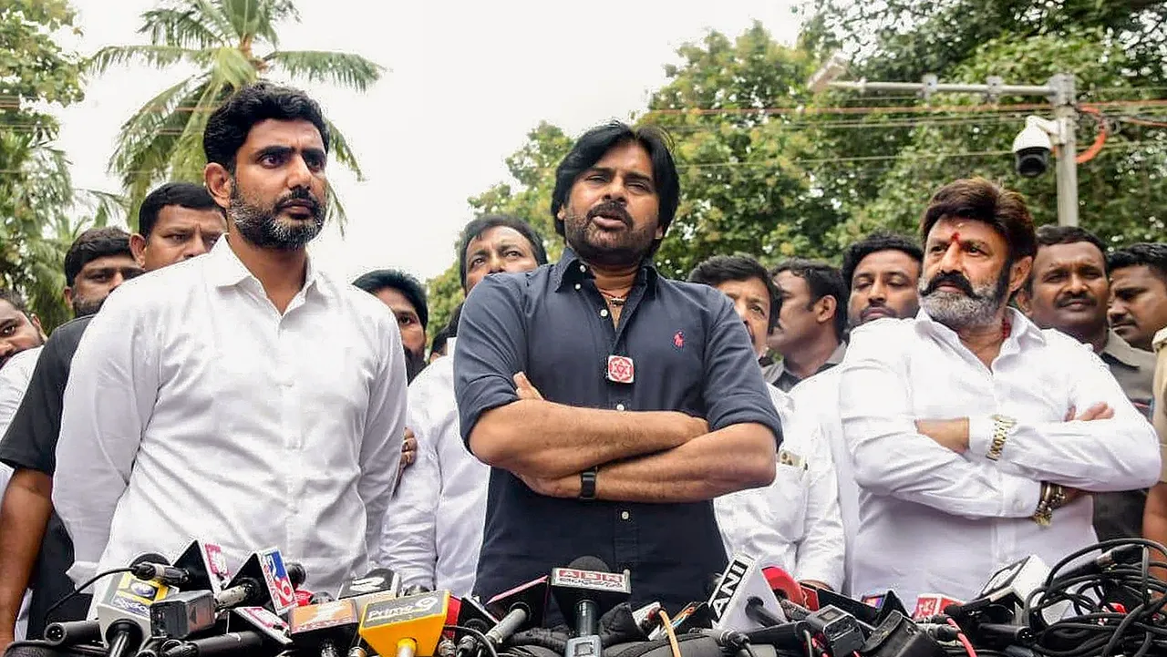 Jana Sena chief Pawan Kalyan addresses the media after meeting TDP chief N. Chandrababu at Rajahmundry Central Prison, in Andhra Pradesh