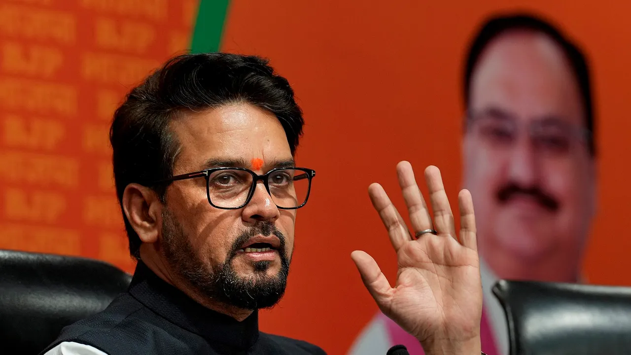 Union Minister Anurag Thakur addresses a press conference at BJP headquarters, in New Delhi