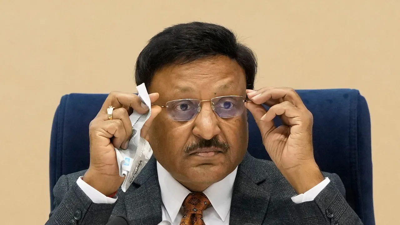 Chief Election Commissioner Rajiv Kumar speaks during a press conference for the announcement of the schedule of elections to the Legislative Assemblies of Jharkhand and Maharashtra, in New Delhi, Tuesday, Oct. 15, 2024.