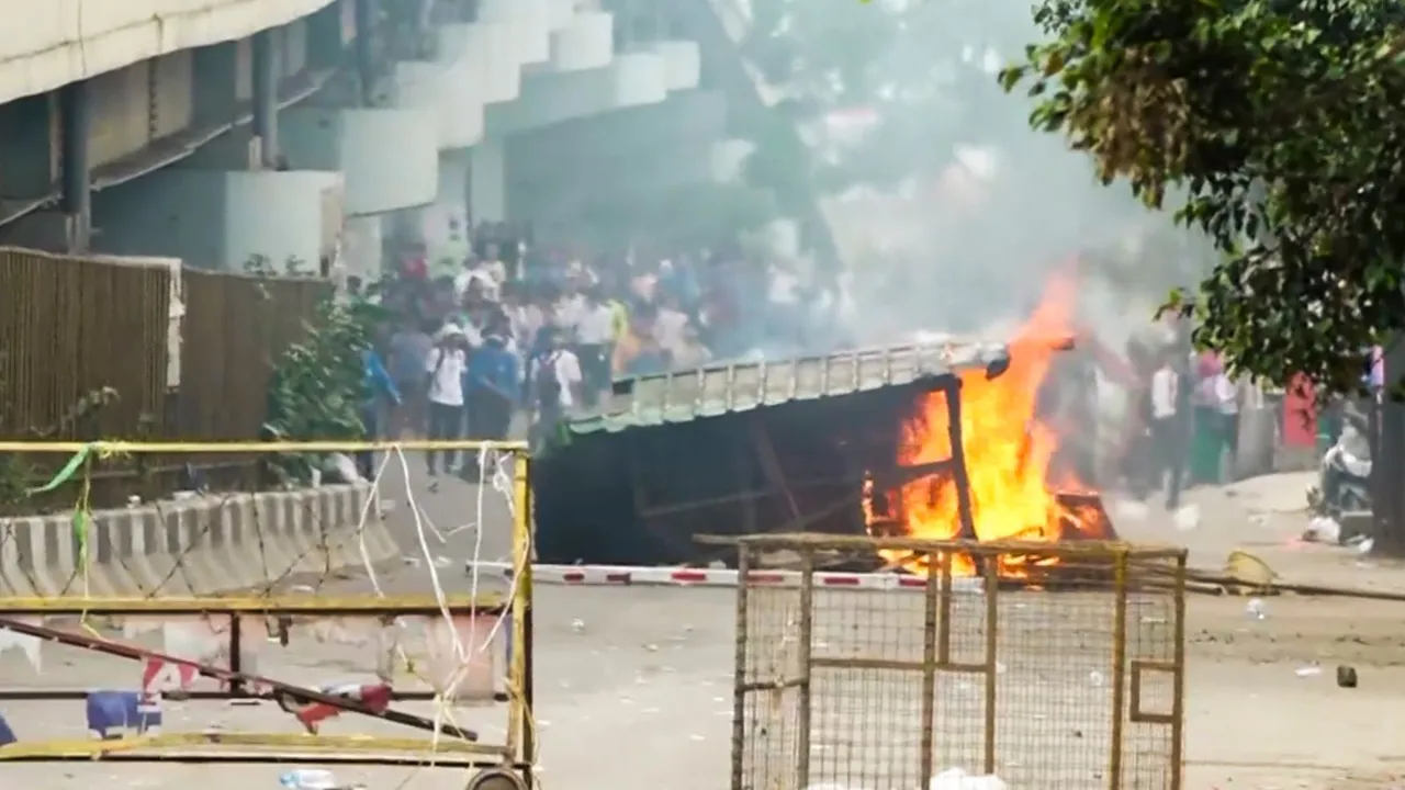 Security personnel during a clash with students who were protesting over recent violence, Imphal, Tuesday, Sept. 10, 2024.