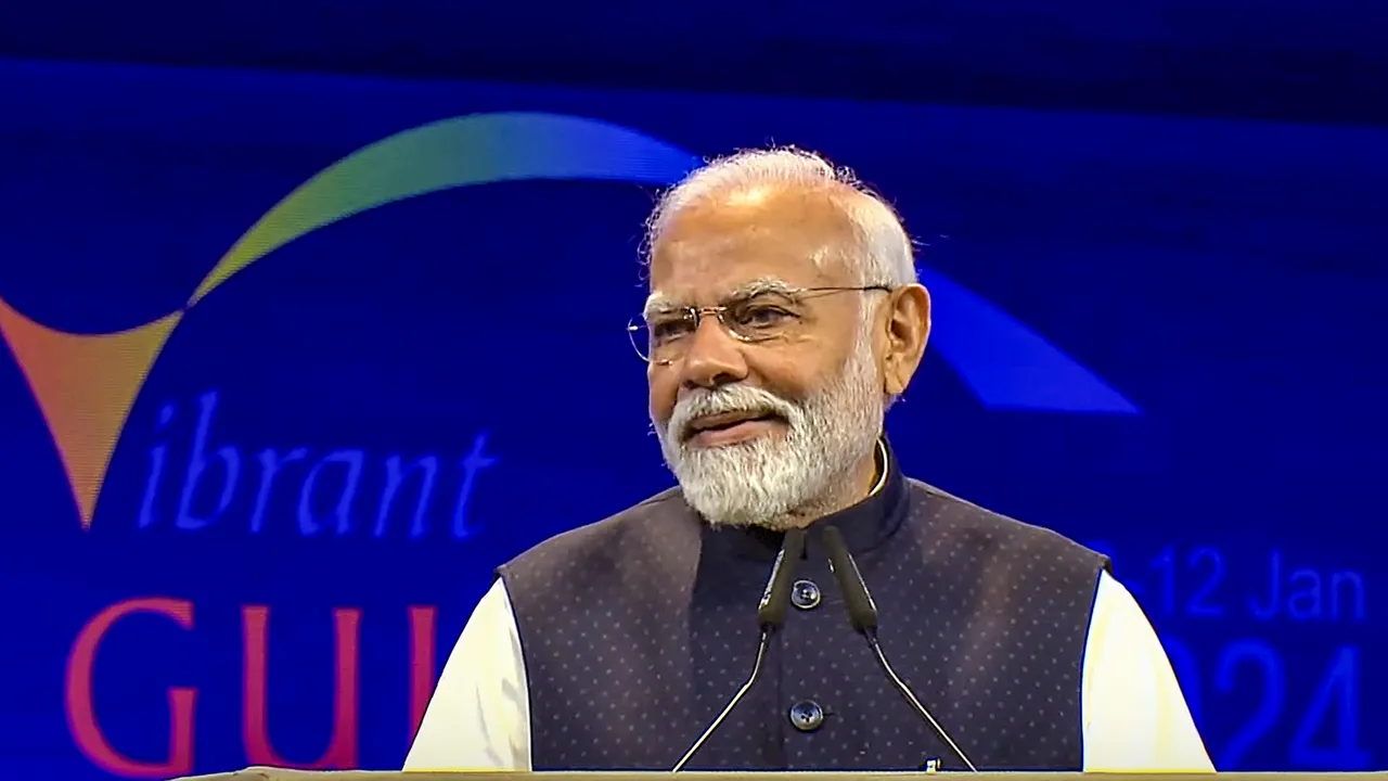 Prime Minister Narendra Modi addresses during the Vibrant Gujarat Global Summit 2024, in Gandhinagar