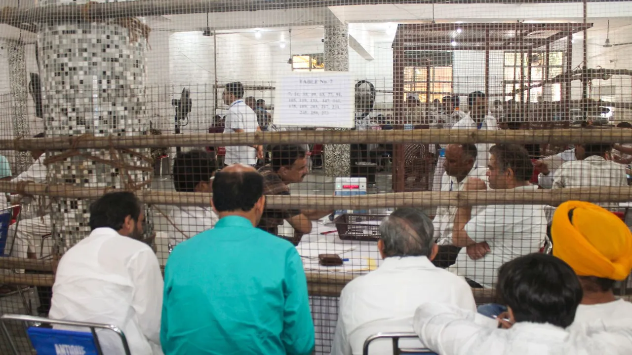 Counting of votes underway at a centre for Haryana Assembly polls, in Faridabad, Tuesday, Oct. 8, 2024.
