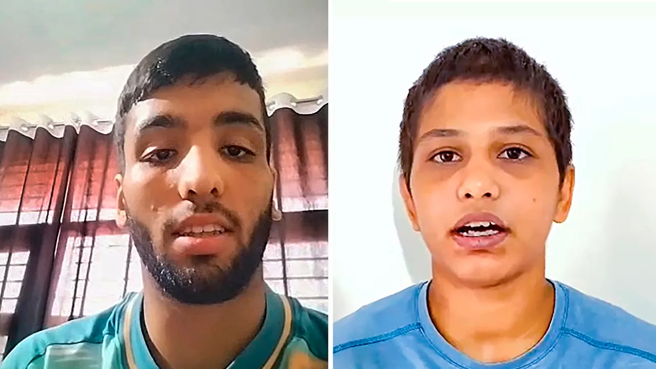Combo photo of wrestlers Sujeet Kalkal (L) and Antim Panghal speaking on wrestlers Bajrang Punia and Vinesh Phogat's exemption from trials for Asian Games 2023