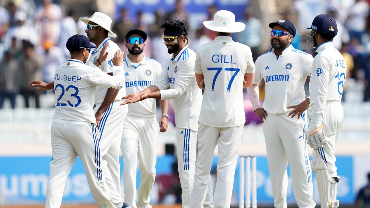 India's bowler Ravindra Jadeja celebrates the wicket of England's batter Shoaib Bashir during the second day of the fourth Test cricket match between India and England, in Ranchi, Saturday, Feb. 24, 2024.