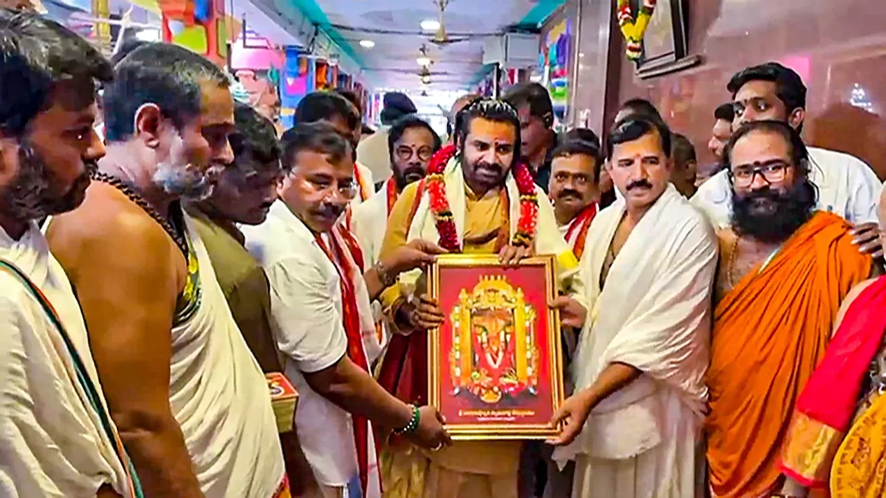 Andhra Pradesh Deputy Chief Minister Pawan Kalyan takes part in a purification ritual amid the Tirupati laddu controversy, at Sri Kanaka Durga Temple in Vijayawada, Andhra Pradesh, Tuesday, Sept. 24, 2024.