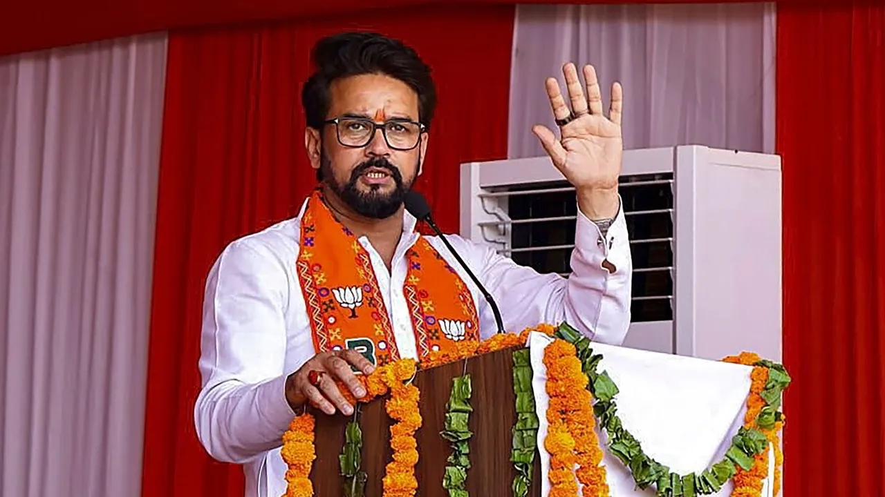 Union Minister and BJP candidate from Hamirpur constituency Anurag Thakur addresses the Panna Pramukh convention for the Lok Sabha elections, in in Hamirpur Parliamentary constituency, Wednesday, May 8, 2024