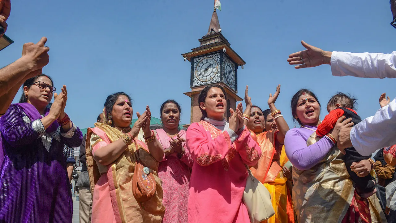 Kashmiri Pandits participate in a religious procession on the occasion of 'Ram Navami' festival, in Srinagar, Wednesday, April 17, 2024.