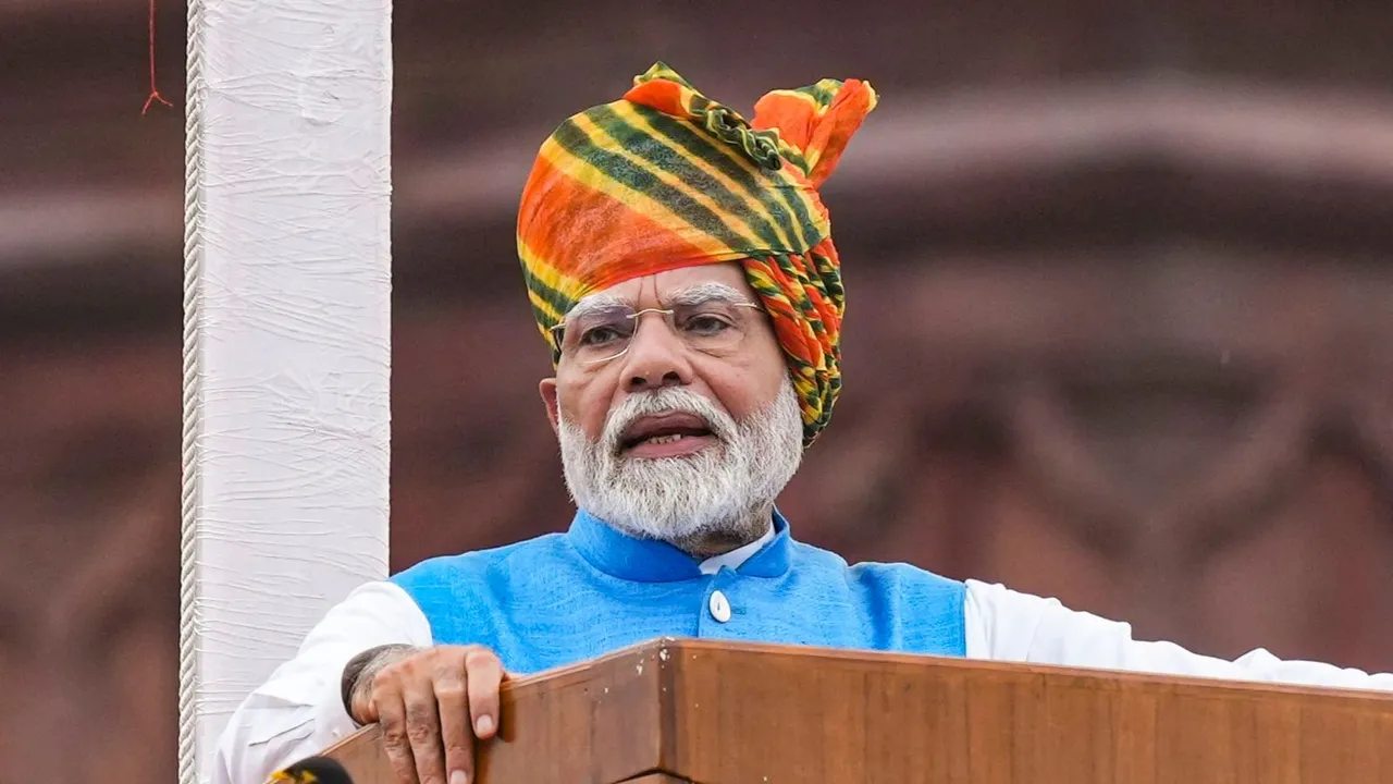 Prime Minister Narendra Modi addresses the nation from the Red Fort on 78th Independence Day, in New Delhi, Thursday, Aug. 15, 2024.