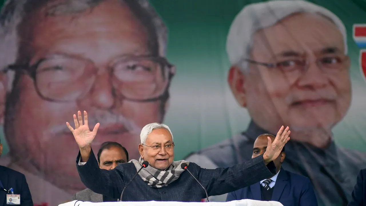 Bihar Chief Minister Nitish Kumar speaks during birth centenary celebrations of former state chief minister Karpoori Thakur, in Patna