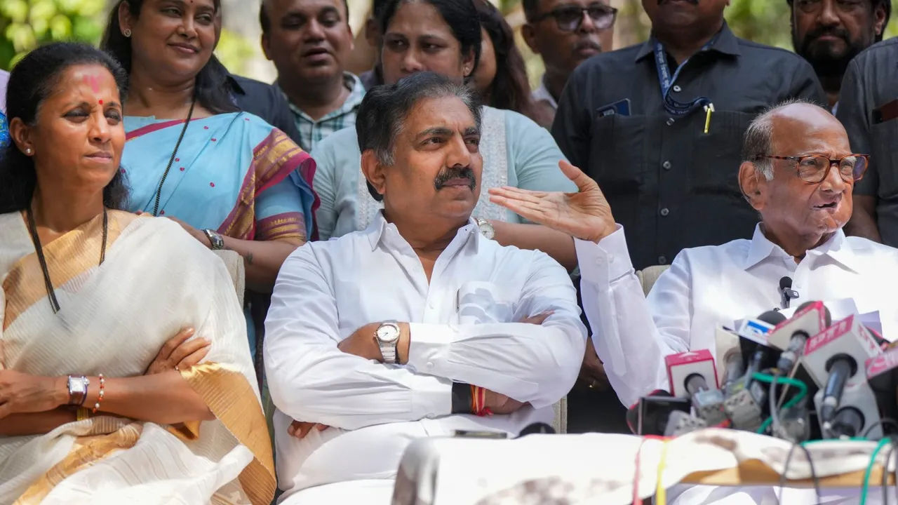NCP Chief Sharad Pawar along with party leaders Jayant Patil and Supriya Sule, addresses a press conference, in Mumbai, Tuesday, June 4, 2024