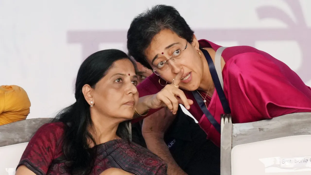 Delhi minister Atishi with Chief Minister Arvind Kejriwal's wife Sunita Kejriwal during INDIA block rally at Ramlila Ground in New Delhi