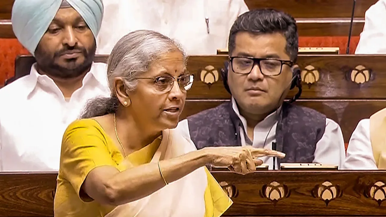 Union Finance Minister Nirmala Sitharaman speaks in the Rajya Sabha during the Monsoon session of Parliament, in New Delhi, Thursday, Aug. 8, 2024.