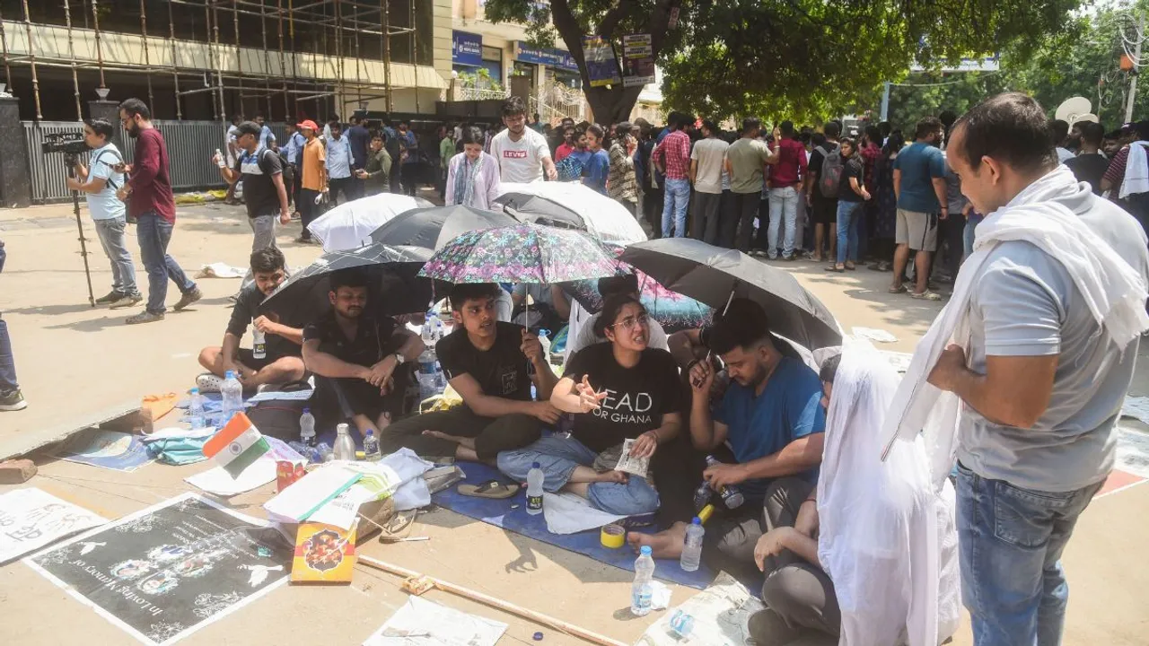 Students stage a protest after three civil services aspirants died due to drowning at a coaching centre in Old Rajinder Nagar area, in New Delhi, Tuesday, July 30, 2024