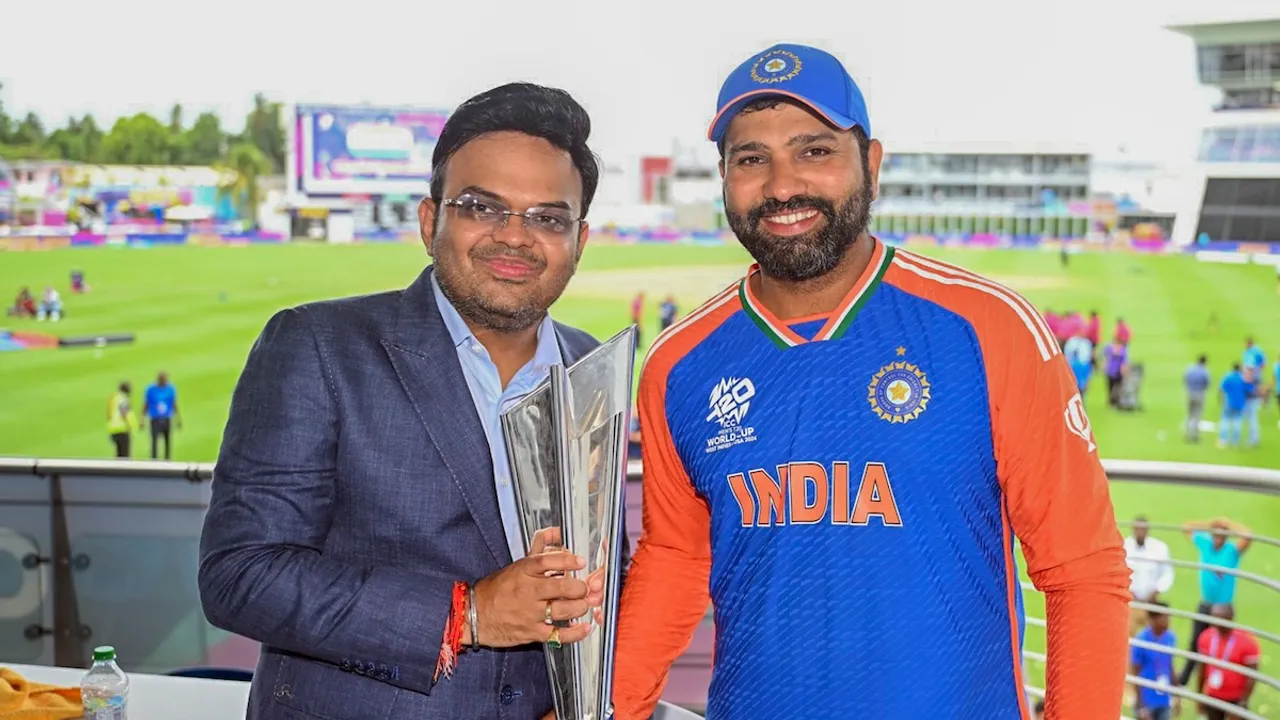 India's captain Rohit Sharma with BCCI Secretary Jay Shah after India defeated South Africa in the ICC Men's T20 World Cup final cricket match, at Kensington Oval, in Bridgetown, Barbados, Sunday, June 30, 2024. 