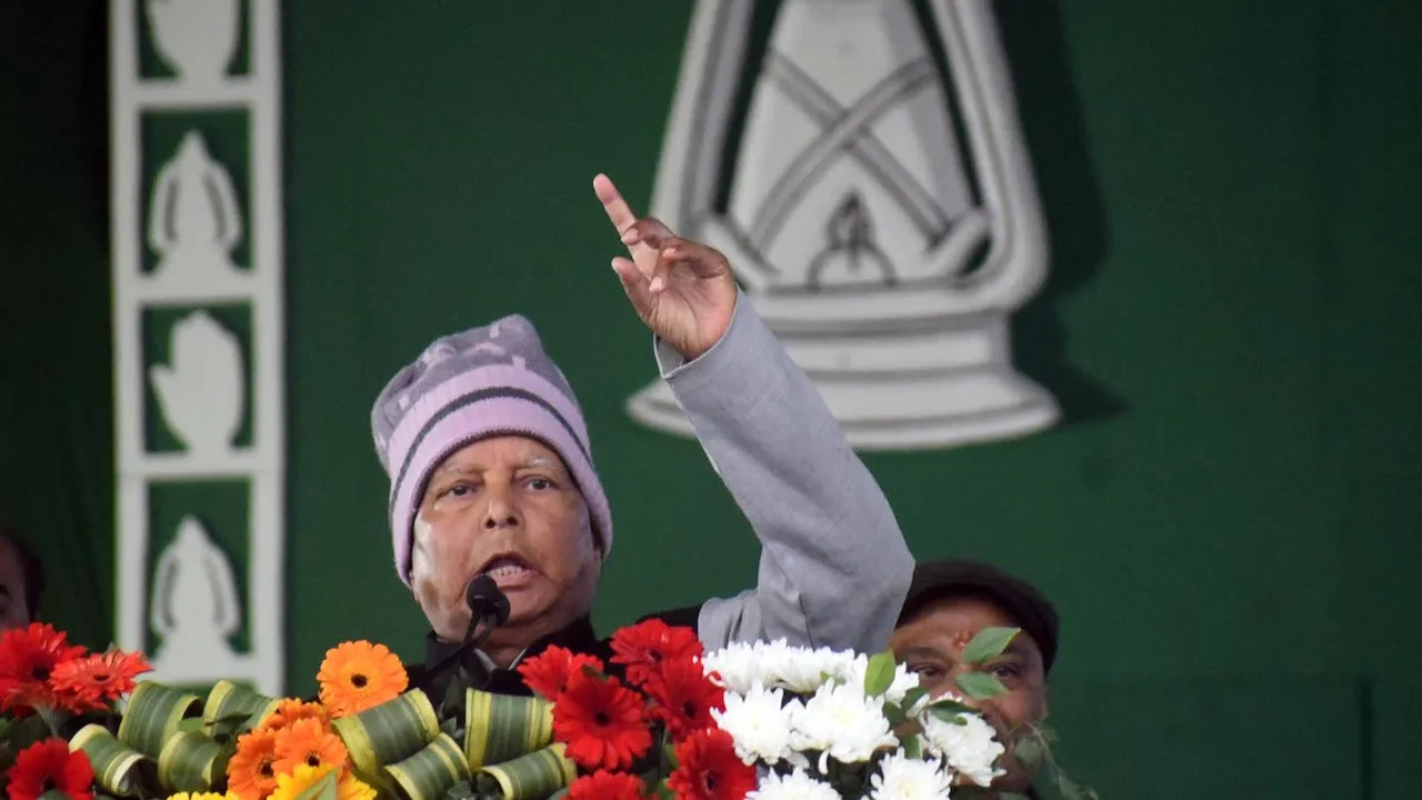 Lalu Prasad addresses the Jan Vishwas Rally in Patna on March 3, 2024