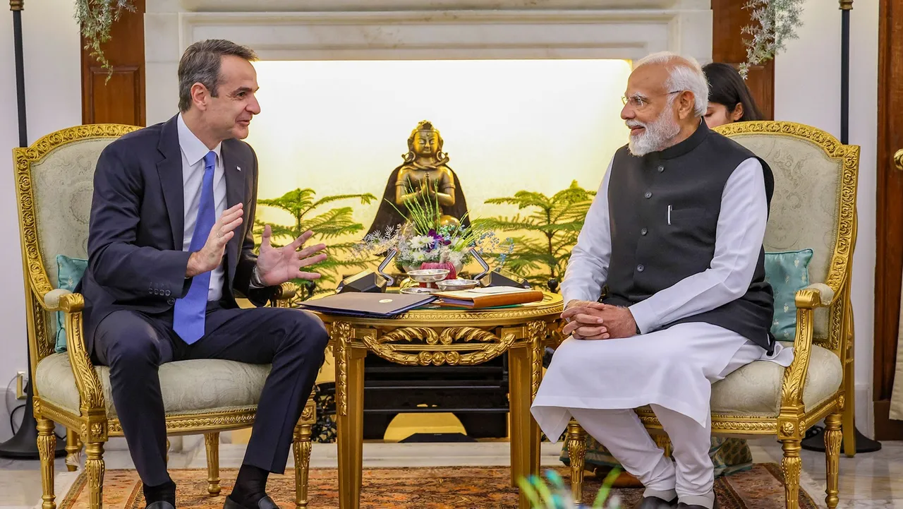 Prime Minister Narendra Modi during a bilateral meeting with Prime Minister of Greece Kyriakos Mitsotakis at the Hyderabad House, in New Delhi