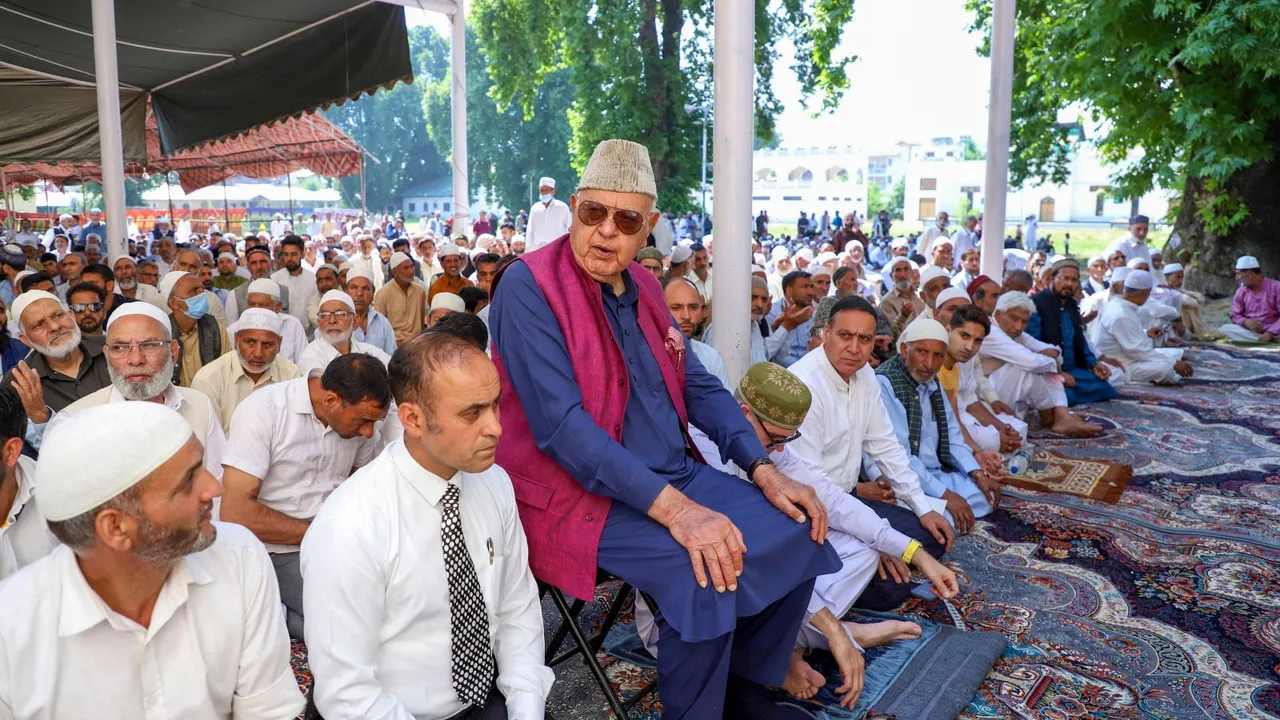 National Conference President Farooq Abdullah with his son and party Vice President Omar Abdullah on the Eid al-Adha festival, at Dargah Hazratbal Shrine in Srinagar, Monday, June 17, 2024.