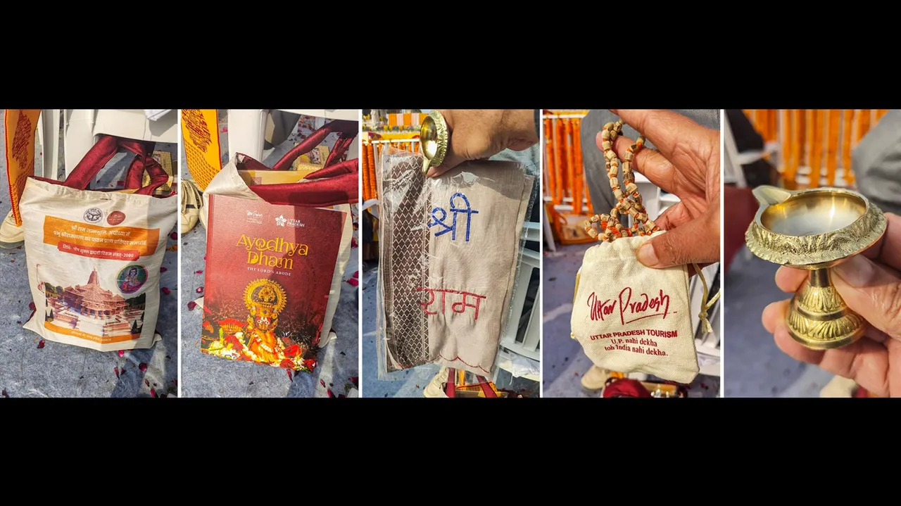 A bag featuring an image of Ayodhya's Ram temple which contained a book on Ayodhya, a scarf bearing the name of Lord Ram', a special 'mala' and a metal 'diya', all of which were gifted to the guests who attended the 'Pran Pratishtha' ceremony of Ayodhya's Ram temple, in Ayodhya, Monday, Jan. 22, 2024
