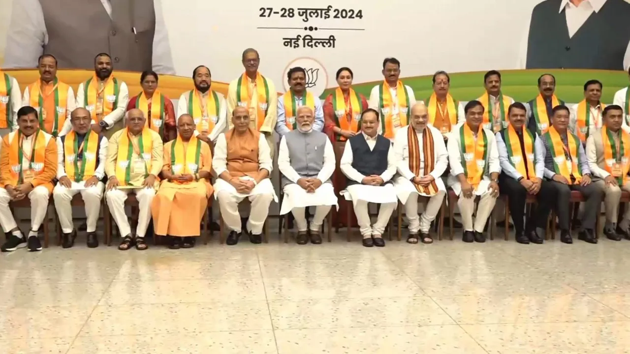 Prime Minister Narendra Modi with Defence Minister Rajnath Singh, Union Home Minister Amit Shah, Union Minister and BJP National President J.P. Nadda and others during a meeting with Chief Ministers of the NDA-ruled states, at BJP headquarters, in New Delhi, Sunday, July 28, 2024.